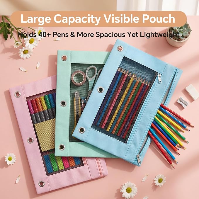 Lanpn 6 Pcs Pencil Pouch for 3 Ring Binder, 2 Pocket Zipper Binder Pouch, Pastel Binders Pencil Case, School Supplies for Boy Girl Student Office Home, Reinforced Grommets, Clear Window, Micro Mesh