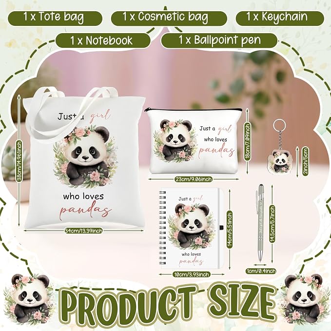 Kinlop 5 Pcs Panda Gifts for Women Include Just a Girl Who Loves Pandas Tote Bag Canvas Cosmetic Bag Coil Notebook Keychain and Ballpoint Pen for Women Girls