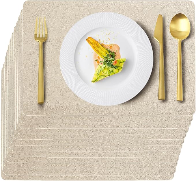 Beige Plastic Placemats Set of 12, Faux Leather Waterproof Table Mats | Beige Vinyl placemats,Wipeable and heat resistant table mats.Easy to clean,great for indoor and outdoor
