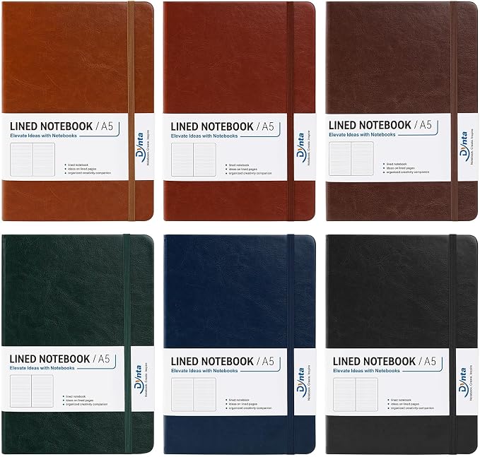 Hardcover Executive Notebooks 6 Pack, A5 Lined Journals with PU Leather Cover, 200 Pages 100 GSM Paper, Pocket, Bookmark & Strap for Office, Meetings & Everyday Writing