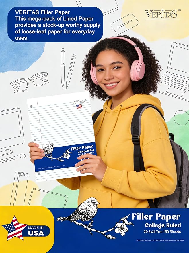 WritePads College Ruled Loose Leaf Paper, 600 Sheets Bulk Notebook Paper, 8"x10-1/2" 3 Hole Punched Filler Paper, Fits Standard 3-Ring Binder, 65lb Thick Paper, Made in USA