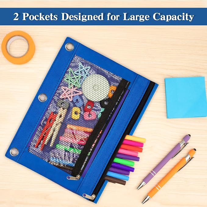 Pencil Pouch for 3 Ring Binder 12 Pack Pencil Bags with Zipper Pencil Case for Binder Large Pencil Case Pouch 3 Ring with Clear Mesh Window Double Pockets Office Supplies Assorted Color