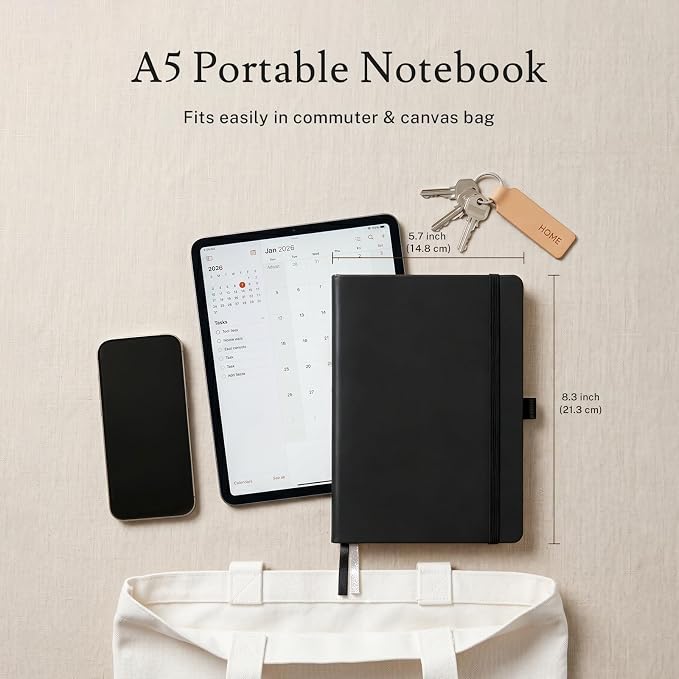 PAGELYST Lined Journal Notebook, 4 Pack Leather Journal for Women Men, 200 Numbered Pages, A5 Medium 5.7'' x 8.3'', 100 GSM Thick Paper for Journaling, Writing, Work & Office (Black)
