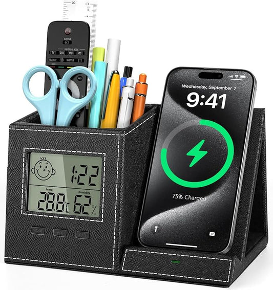 Pen Holder with Wireless Charger, Built in Digital Indoor Thermometer and Humidity Monitor, Multi-Functional Desktop Organizer for Home, School, Office Supply, Midnight Black