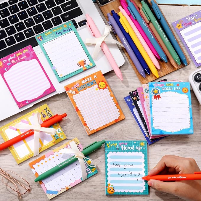 Eaasty 48 Pcs Cute Inspirational Notepads and Pens with Ribbon Bulk, Positive Affirmation Stationery Back to School Gifts for Students, Teachers, Classroom Rewards, Office Appreciation, Party Favors