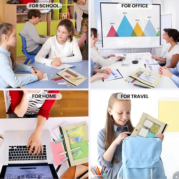 Lanpn Pencil Pouch for 3 Ring Binder 6 Pack, Aesthetic Binder Pen Bags with Zipper, 3 Holes Pencil Pouches Organizer for Boy Girl Kids School Student, Reinforced Grommets & Clear Window, Beige