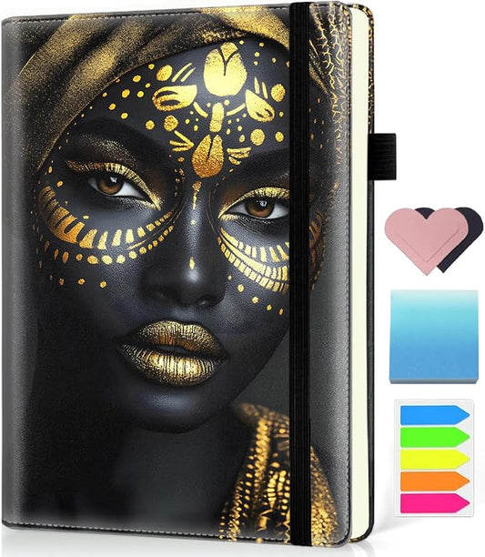 Hardcover Executive Notebooks, A5 PU Leather Lined Journal Notebook, 200 Pages Thick Paper Subject Notebooks for School,Work,Home Writing Business Notebook, Diary Book ，African Woman Gold Art