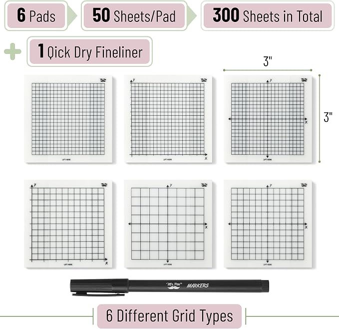 Mr. Pen- Transparent Graph Sticky Notes, 3x3 Inch, 6 Pads, 50 Sheets/Pad | 6 Grid Designs, Square Graph Paper Notes & Fineliner, Waterproof Grid Sticky Note Pads for Math, Study, Journals, Planners