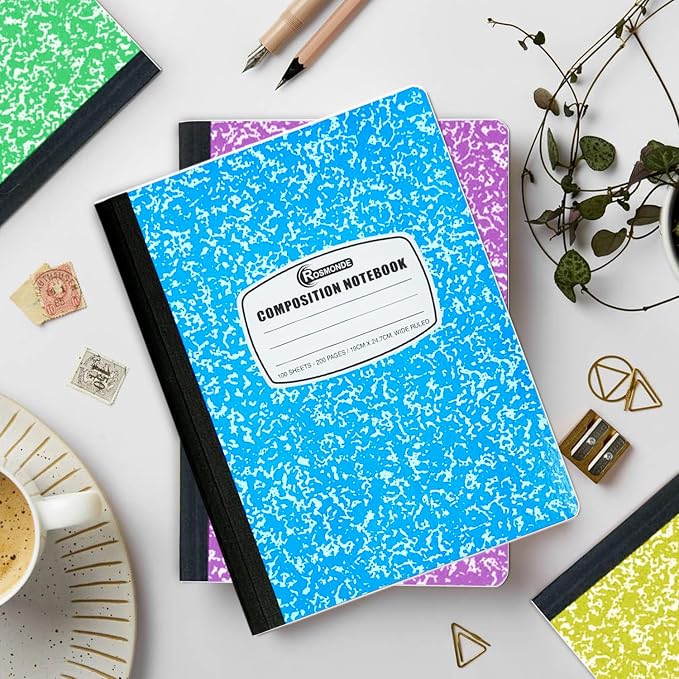 Rosmonde 12 Pack Bulk Composition Notebook Wide Ruled, 200 Pages (100 Sheets), 9-3/4 x 7-1/2", Hard Cover Wide Ruled Notebook Bulk, Assorted Colors Composition Notebook For School, Colors May Repeat