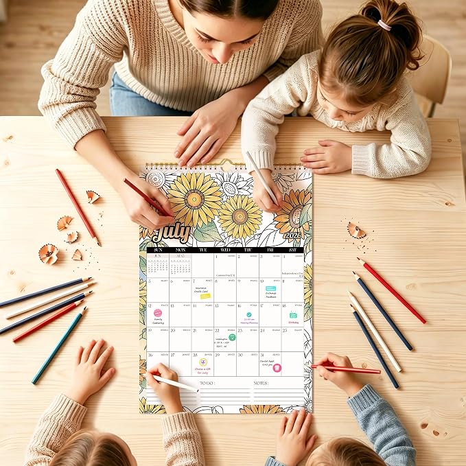 Ospelelf 2026 Coloring Wall Calendar 12'' x 17'' Family Doodle Calendar, 18 Months Desk Calendar Planner with Plastic Cover, Use July 2026 - Dec 2027, Floral