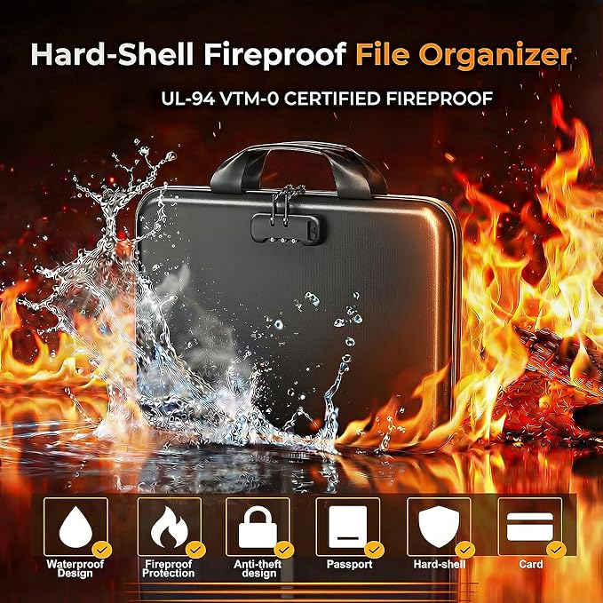 Fireproof Document Organizer with Lock, Rigid EVA File Box with 13-Pocket Accordion Folder for Important Documents & Tablets under 11", Lightweight Safe Storage for Home, Office & Travel (Small Size)