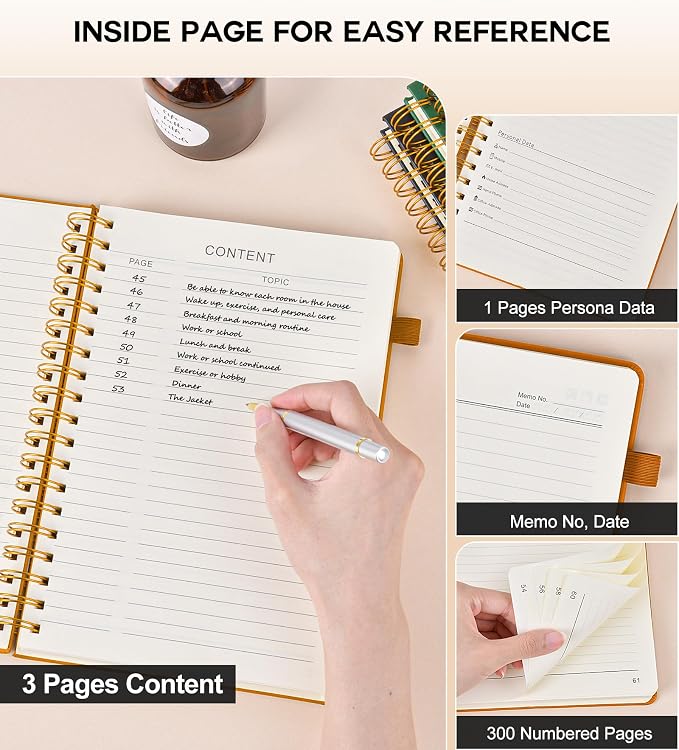 PERCUN Spiral Notebook 300 Numbered Lined Pages Hardcover Journal 5.9"x8.5" | College Ruled Spiral Bound Notebook with Tabs, A5 Leather Journal for Women Men, Work, School, Travel, Writing & Note Taking