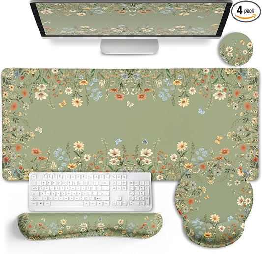 LIMKRIAN Floral Desk Mat Set, Cute Green Desk Accessories Gifts for Women | Mouse Pad with Gel Wrist Rest, XXL Large Desk Pad, Ergonomic Keyboard Wrist Support, Stitched Edges, Cup Coaster, Desk Decor