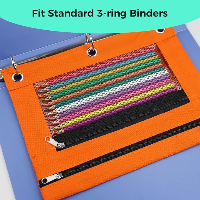 Pencil Pouch for 3 Ring Binder, Pencil Case with Zipper, 600D Fabric Pencil Pouch Bag Holder Accessories, Clear Window Pencil Case Aesthetic Back to School Organizer Pockets for Boy Girl (Orange)