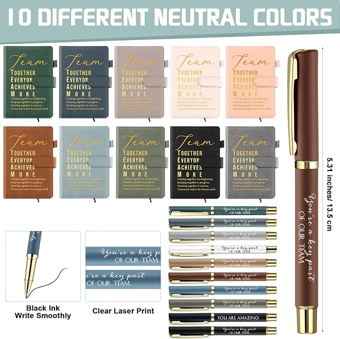 Kosiz 20 Pcs/10 Sets Employee Appreciation Gift Bulk A5 Leather Notebook Inspirational Journal Pen Thank You Gift for Men Women Coworker Teacher Office Back to School(Morandi,Team)