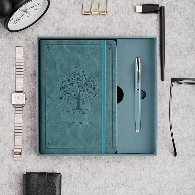 OnMove Lined Notebook with Gift Box for Women Men 320 Pages A5 Hardcover Leather with Pen Holder College Ruled Journals for Work Note Taking Travel School Sky Blue