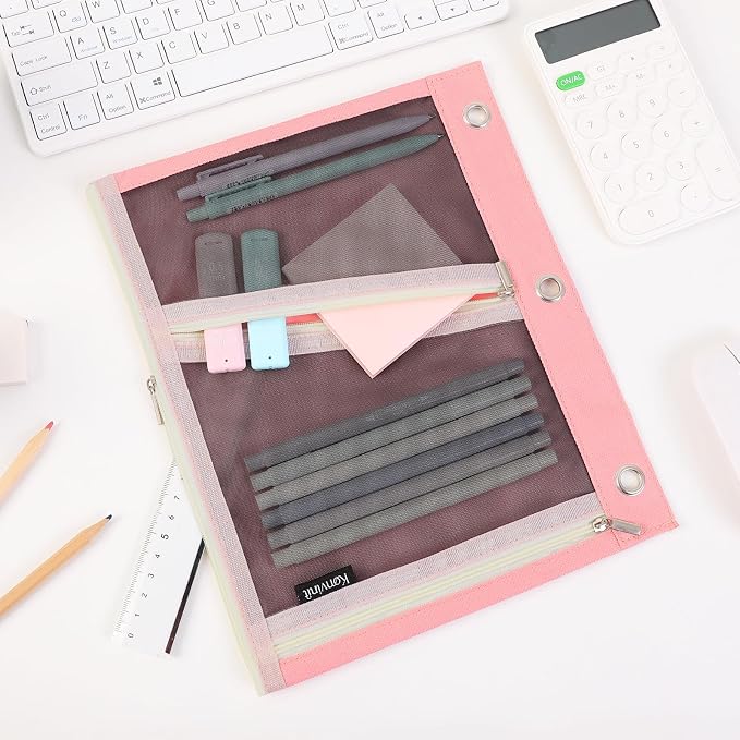 KONVINIT Pencil Pouch for 3 Ring Binder, Pink Zipper Binder Pencil Pouch | Zipper Pencil Pouches, Durable Cloth Pencil Case With 3 Pockets, Mesh Window Pencil Bag With Supplies, Cables, Makeup