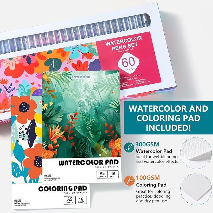 60 Watercolor Pens Set Includes 52 Vivid Colors, Real Brush Tips Paint Markers Set with 4 Blender Pens, Watercolor Pad and Coloring Pad, Art Supplies Gifts for Beginners Young Artists and Adults