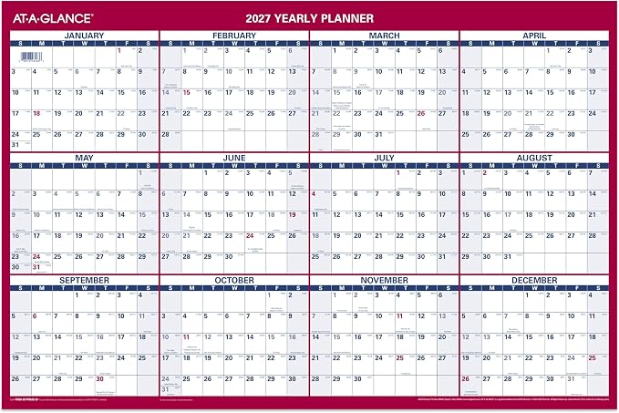 AT-A-GLANCE 2027 Erasable Calendar, Dry Erase Wall Planner, 36" x 24", Vertical-Horizontal, Reversible, Includes Marker (PM262827)