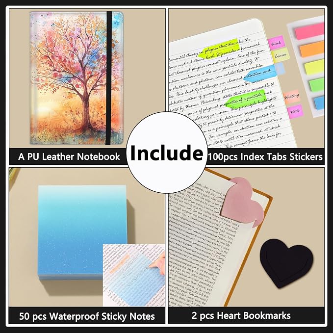 A5 Leather Lined Journal Notebook, 200 Pages Hardcover Executive Notebook for Office School Note Taking, Thick Writing Paper Daily Journal with Bookmarks/Indexes, Watercolor Tree Painting