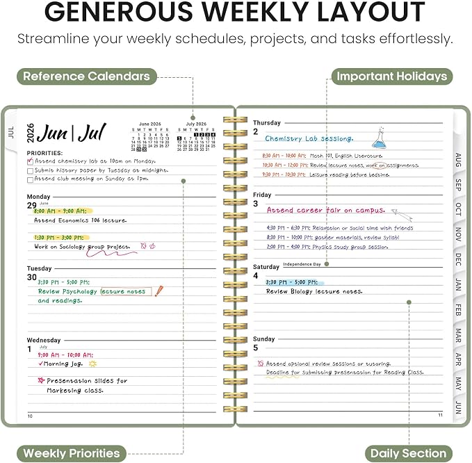 Planner 2026-2027, 6.3" x 8.5" Weekly and Monthly Academic Year Planner Calendar, July 2026 - June 2027, Hardcover Large School Planning Agenda With Tabs, Perfect for School & Office Supplies, A5, Green