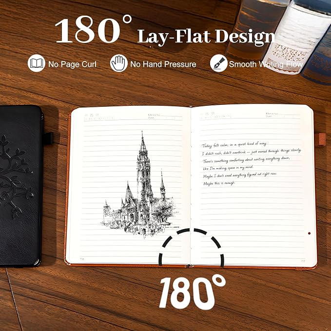 CAGIE Leather Bound Journal for Men & Women, A5 Lined Notebook with 320 Numbered Pages, 100 GSM Thick Paper, Lay Flat Hardcover Journal for Writing, Work, Travel & Daily Use (Black)