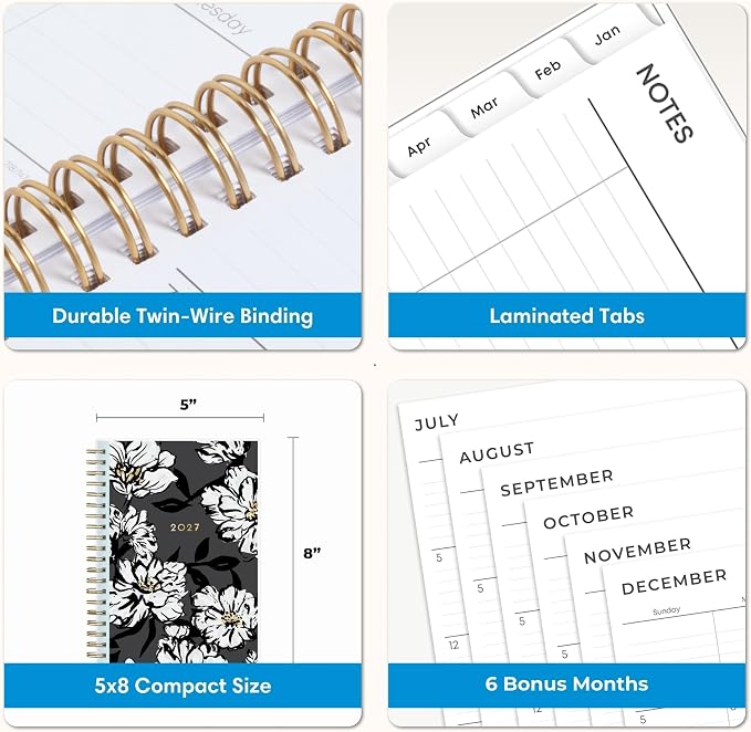 Blue Sky 2027 Weekly & Monthly Planner Calendar, 5"x8", Baccara Dark | January 2027 - December 2027, Clear Pocket Cover, Durable Twin Wire Binding, Laminated Tabs