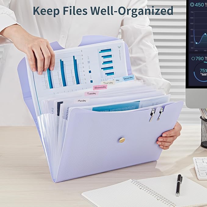 JARLINK 7 Pockets Expanding File Folder, A4 Accordion folders, Purple | Accordion File Folders with 12 Labels, Portable Document Organizer for Home, College, School, and Office Supplies