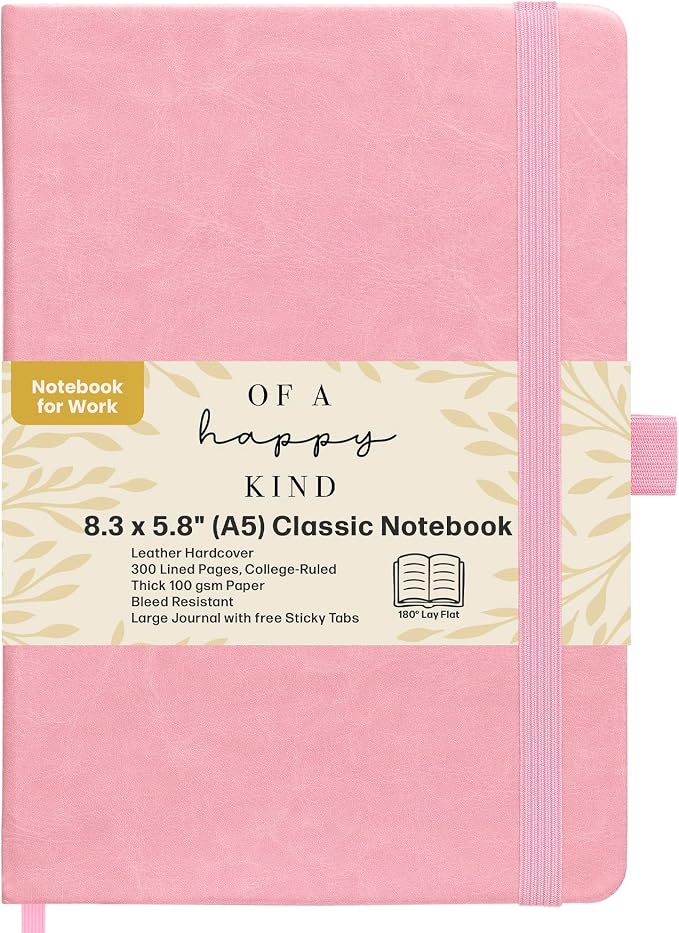 Lined Leather Bound Journal Notebook, A5 Hardcover Journals for Men & Women | 5.8x8.3" Pink Journal - Thick 300 Pages College Ruled Paper - Personal and Professional Note Book for Writing & Journaling