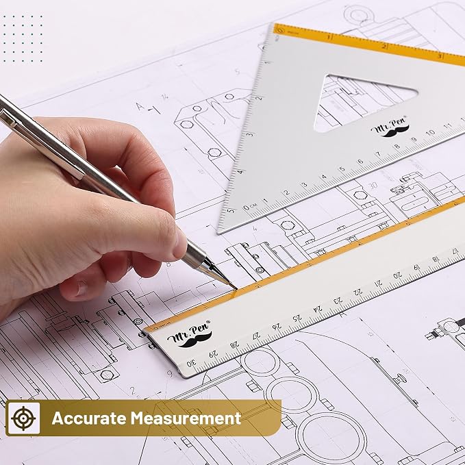 Mr. Pen- Metal Geometry Kit, 4 Pack, 45° & 30°/60° Set Squares | 6" Protractor & 12" Ruler, Durable Metal Drafting Tools for Technical Drawing, Math, Engineering & Architecture
