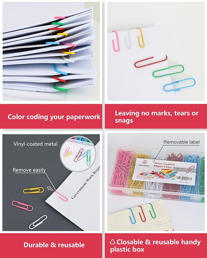 PAPERPAL Paper Clips, 2 in (50 mm) & 1-2/7 in (33 mm), 540, Assorted Colors | Vinyl-coated large and medium paper clips for office, school and personal use; 180 jumbo, 360 #1, 6-compartment box.
