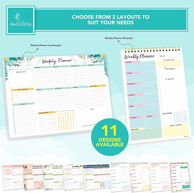Decorably 52 Sheets Colorful Pastel Weekly to Do List Notepad - 11x8.5" Spring-Bound Planner Pad, Easy Tear-Off for Priorities, Habit Tracker, Focus & Notes - Home, School, Office