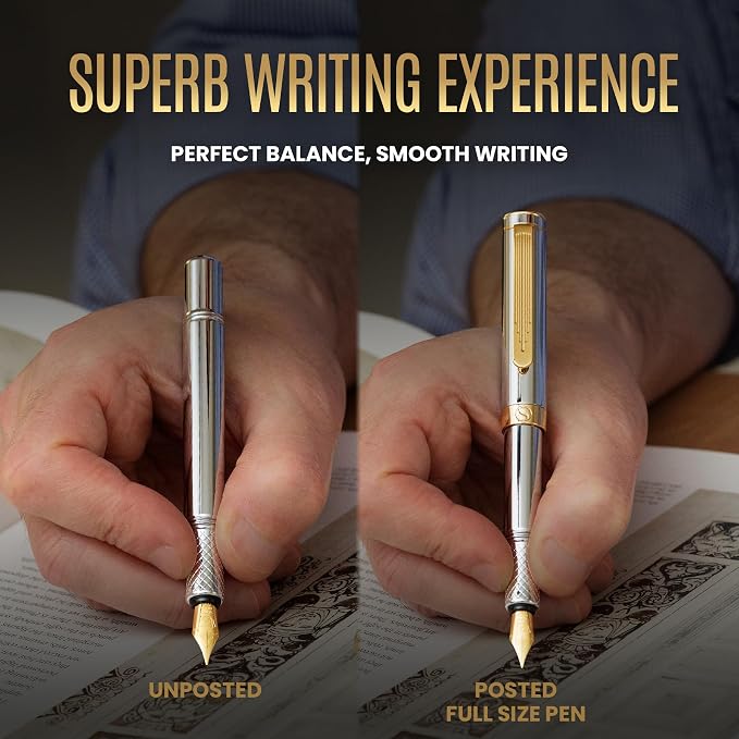Scriveiner Silver Chrome Fountain Pen (Fine), Award Winning, Heavy Pocket Stunning Luxury Pen, Real Gold Plating and Genuine Schmidt Nib, Includes Converter, Fancy EDC Writing Gift Set for Men & Women