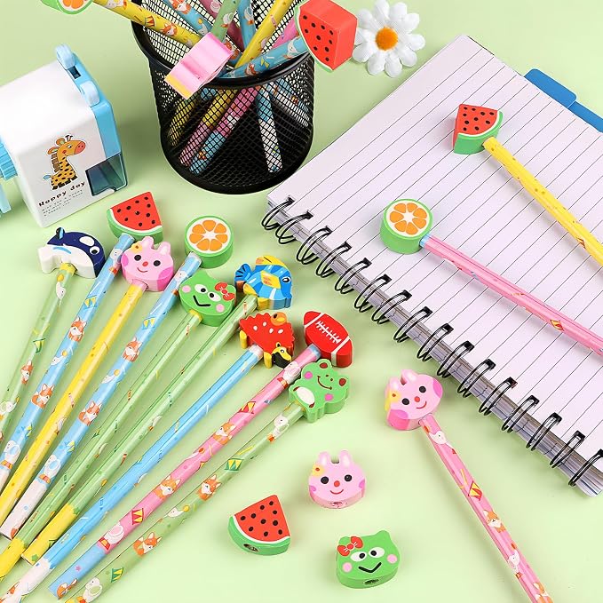 DERAYEE 15PCS Cute Pencils with Fruit Animal Top Eraser, Fun Wooden Pencil for Kids Students Reward Prize Classroom Party Favors