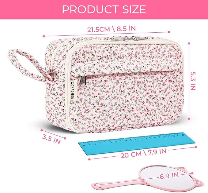 WOBAGMEN Quilted Pencil Pouch, Pink Floral, Girls Women | Large, Compartments, Cute Aesthetic, Organizer, School Supplies