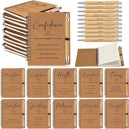 TecUnite 10 Sets Inspirational Spiral Notebooks with Motivational Bamboo Pens, Employee Appreciation Gift for Coworker Team Staff Teachers Students, Thank You Gift Notepad Journal Bulk (Brown)
