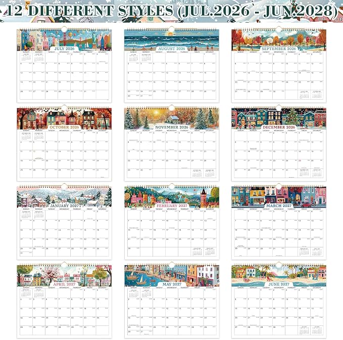 Calendar 2026-2028 - Wall Calendar 2026-2027, Jul. 2026 - Jun. 2028, 2 Years, 14.8'' x 11.6'', with Julian Dates, Hanging Hole, Thick Paper, Landscape Calendars