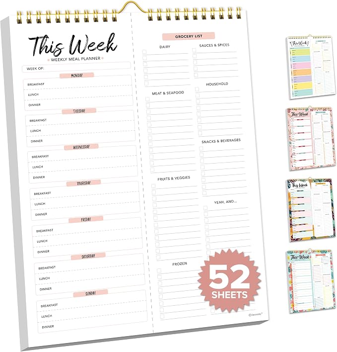 Decorably 52 Sheets Minimal Pink Undated Magnetic Weekly Meal Plan Grocery List Notepad with 4 Strong Magnets - 8.5x11in Spring-Bound, Refrigerator Mountable, Easy Tear-Off Design