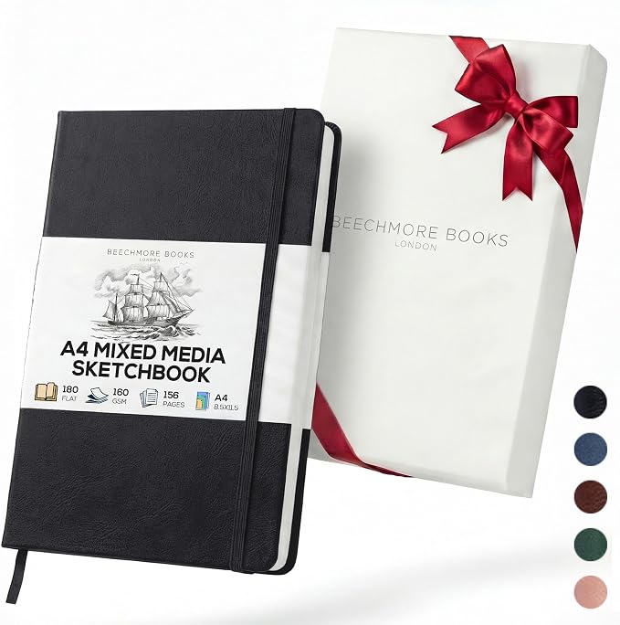 Beechmore Books A4 Mixed Media Sketchbook - 8.5"x11" Hardcover Lay-Flat Art Journal, 160 GSM / 98 lb Professional Ivory Paper, 156 Perforated Pages, Gift Box, Ink, Drawing and Light Watercolor