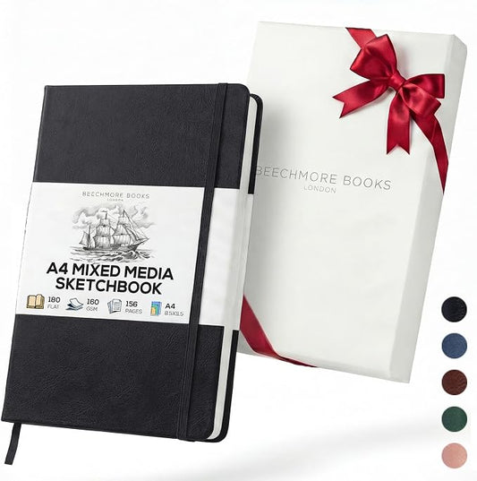 Beechmore Books A4 Mixed Media Sketchbook - 8.5"x11" Hardcover Lay-Flat Art Journal, 160 GSM / 98 lb Professional Ivory Paper, 156 Perforated Pages, Gift Box, Ink, Drawing and Light Watercolor