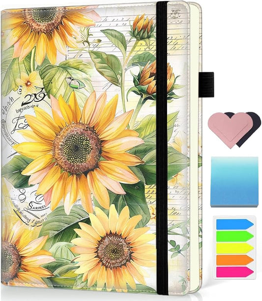 Hardcover Executive Notebooks, A5 PU Leather Lined Journal Notebook, 200 Pages Thick Paper Subject Notebooks for School,Work,Home Writing Business Notebook, Diary Book ，Retro Sunflowers