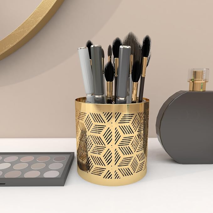 Deco 79 Metal Geometric Pencil Cup with Laser Carved Design, 4" x 4" x 4", Gold | Desk Storage Geometric Pen Holder With Laser Carved Design Pen Cup