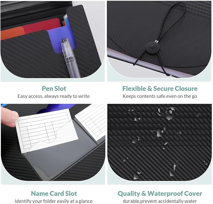SKYDUE Accordion File Organizer, Expanding File Folder with 13 Pockets, Portable Document Paper Bill Receipt Organizer for Desk, Home School Office Supplies, Letter A4 Size Black