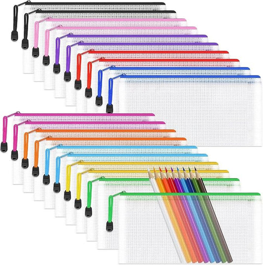 Umriox Clear Pencil Pouch, 9.2 x 4.7 in (10 Colors, 20 Packs), A6 Pencil Bags with Zipper Bulk, Mesh Zipper Pouch for Bill Stationary Cosmetics Travel Storage