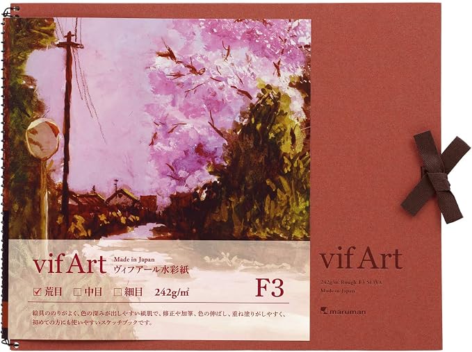 Maruman VifArt Watercolor Artbook- Premium Rough Watercolor Paper, Natural White, F3, 9.02" x 11.57", 15 Sheets/ 30 Pages, Reinforced Cover Sketchbook for Watercolor & Mixed Media, Red
