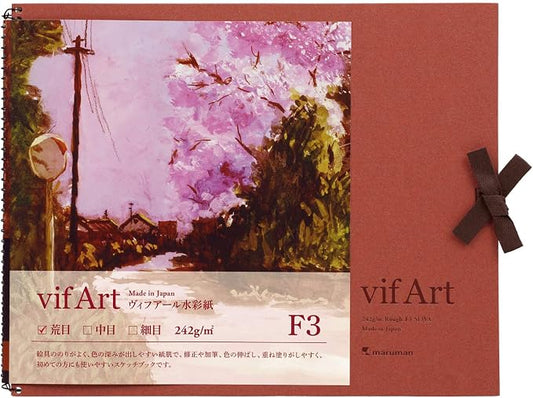 Maruman VifArt Watercolor Artbook- Premium Rough Watercolor Paper, Natural White, F3, 9.02" x 11.57", 15 Sheets/ 30 Pages, Reinforced Cover Sketchbook for Watercolor & Mixed Media, Red