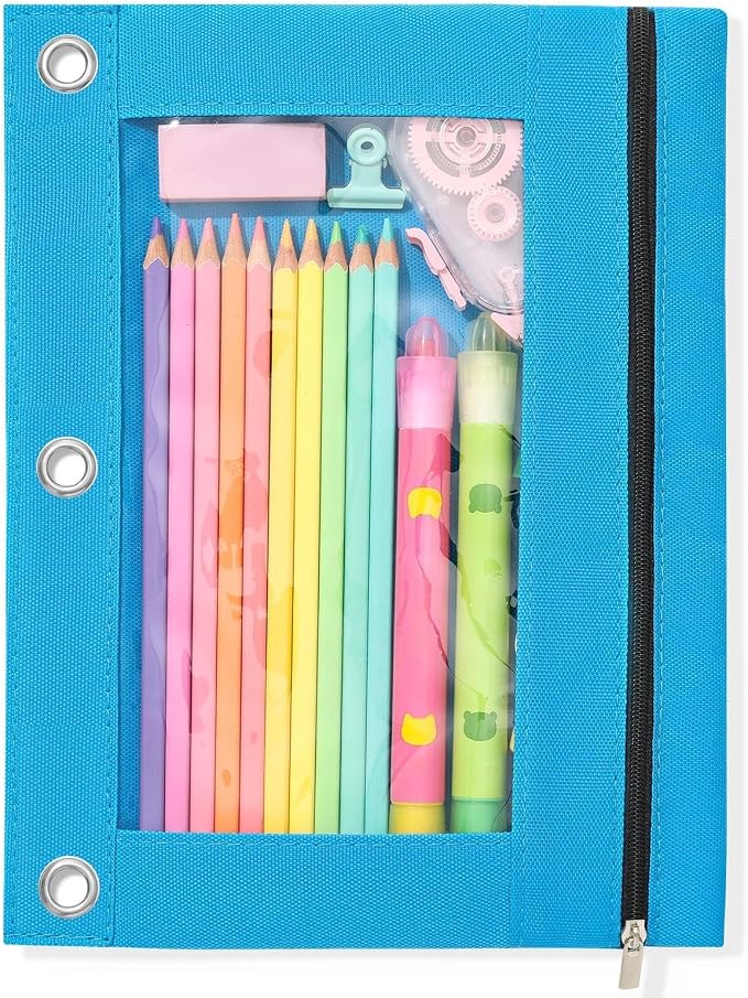 SUNEE Pencil Pouch for 3 Ring Binder, Large Zipper Pencil Case with Clear Window, 3 Reinforced Grommets, Binder Accessories for School and Office Supplies Storage, Blue