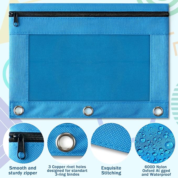 YEGEER Pencil Pouch for 3 Ring Binder, Pencil Pouches with Zipper & Clear Window - 6 Assorted Color, Pencil Case Bulk for 3-Holes Binder, Multi-Purpose Storage Bag for Office, School Supplies (6)
