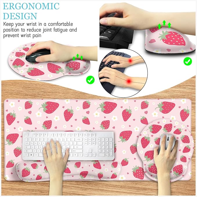 LIMKRIAN Strawberry Mouse Pad Large Desk Mat Set, Pink Ergonomic Mouse Pad | Wrist Rest for Computer Keyboard, Memory Foam Wrist Support, Coaster, Desk Pad, Cute Office Desk Decor Accessories Supplies