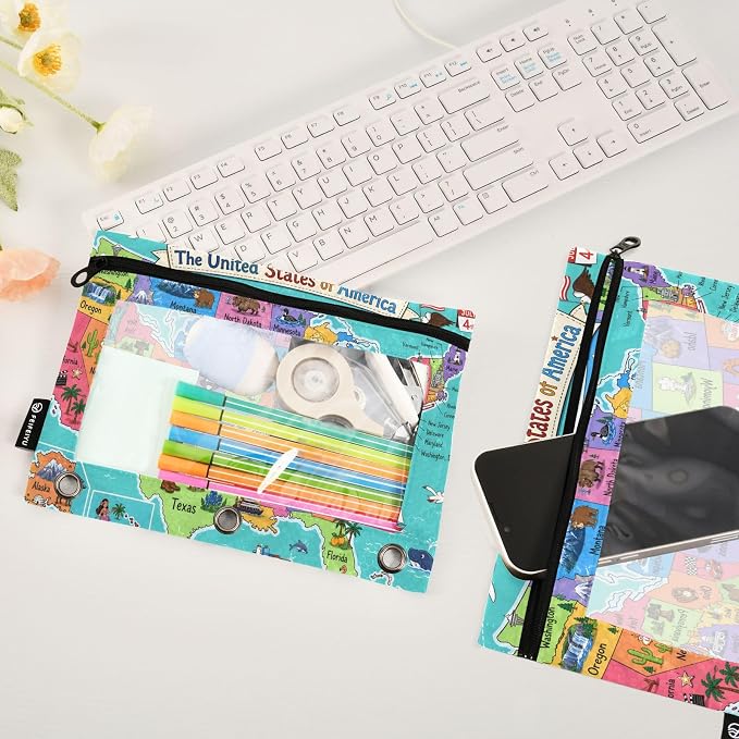 United States Map Pencil Pouch for 3 Ring Binder, 2 Pack Zipper Pencil Pouches with Clear Window Pencil Bag Case Office School Supplies
